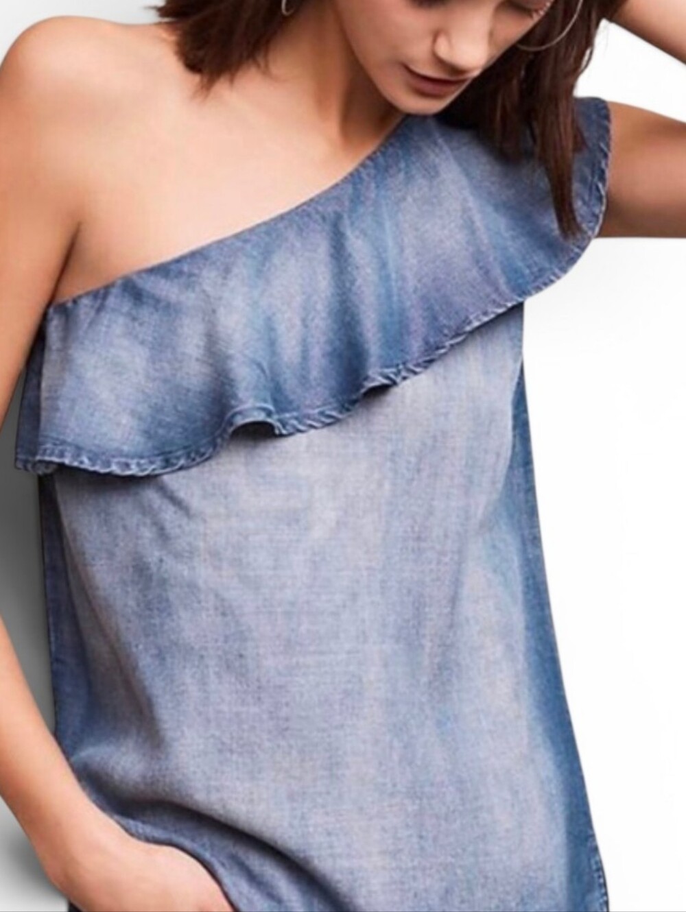CLOTH & STONE Lightweight Denim One Shoulder Ruffle Top - XS